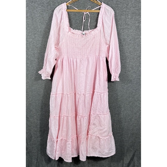 Women's Dress Pink Swiss Dot Milkmaid Smocked Cottagecore Coquette Midi Size XL - Picture 2 of 8